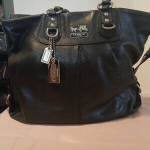 NWOT Coach Black Leather Shoulder Bag with Purple Satin Interior